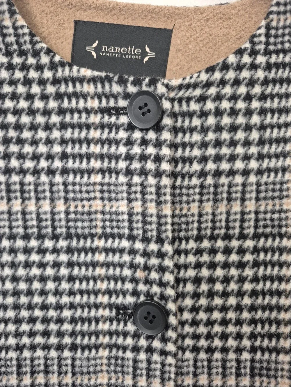 Nanette Lepore Black & White Houndstooth Plaid Wool Blend Collarless Coat